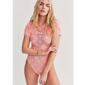 LoveShackFancy NWT Forte Peach Pink Strawberry Appliqué Knit Bodysuit Small